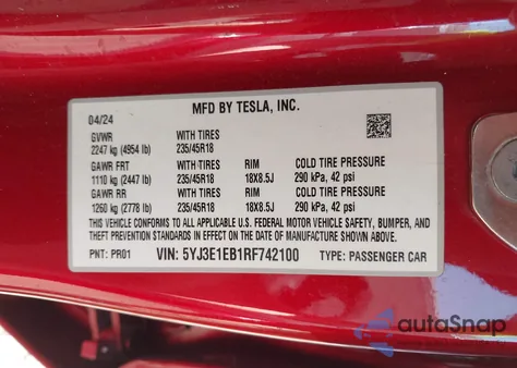2024 Tesla Model 3 из США, поврежденный, VIN 5YJ3E1EB1RF742100